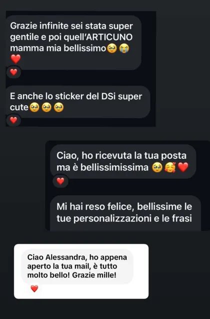 Screenshots of five messages from members, in Italian: one thanks the sender and loves the Articuno illustration; one finds the DSi sticker super cute; one says the post is beautiful; one says it made them happy and loves the personal touches and phrases; one says everything in the mail is lovely.