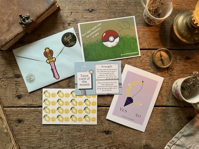 A Tarot Nostalgia envelope laid out on a wooden table: a pale blue envelope sealed with a magical girl wand sticker, a Poké Ball postcard, the Strength tarot card of the month with its message, a lemon sticker sheet and a moon pendulum yes/no print